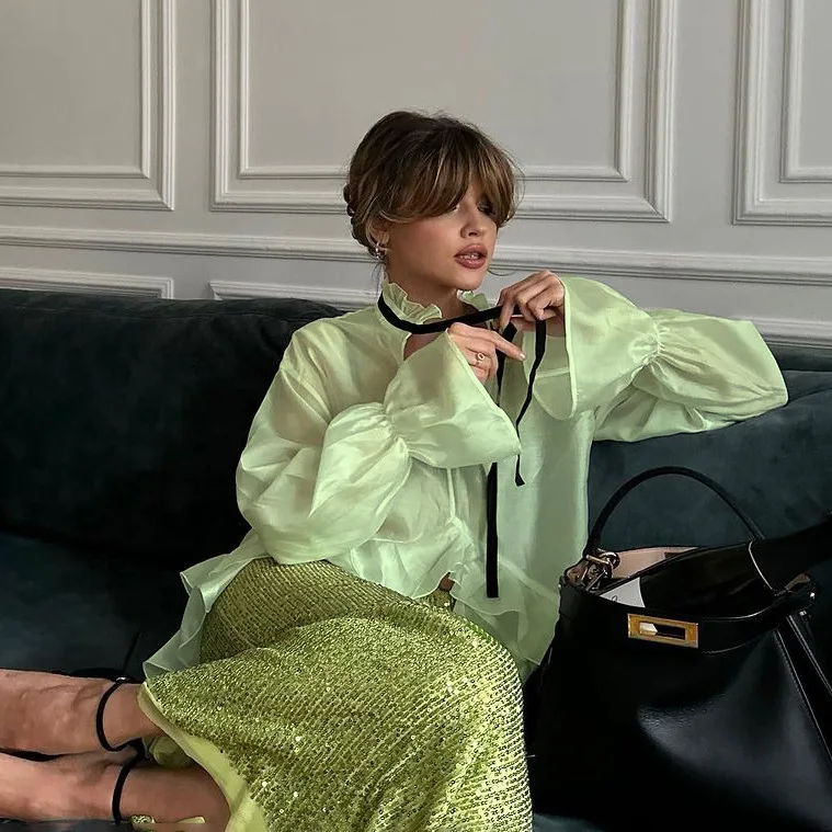 Clothland Women Sweet Ruffled Oversized Shirt Loose Style Flare Sleeve Loose Shirt See Through Tops Mujer LB274