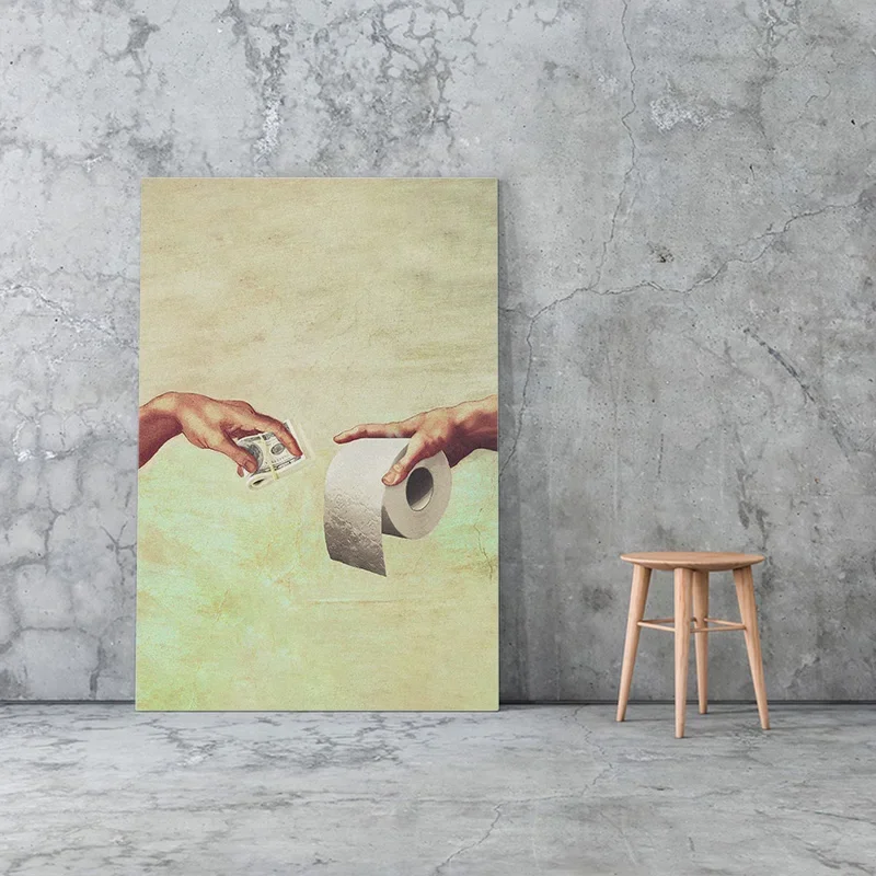 Canvas Painting Hand of God and Adam Funny Toilet Paper Wash Room Bathroom Living Wall Art Home Decoration Retro Picture Poster