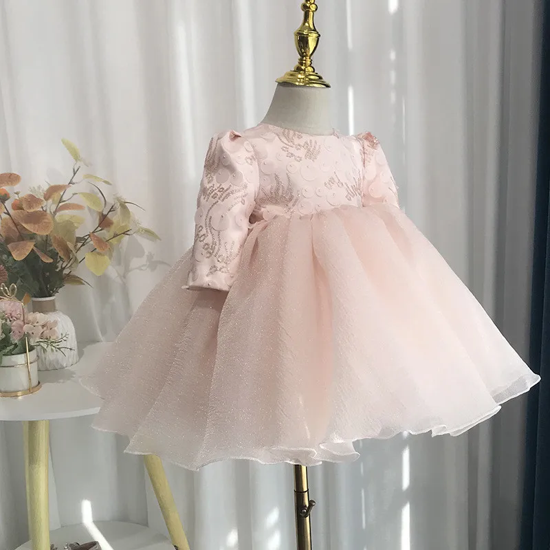 

2024 Baby Girls Pink Princess Ball Gown Kids Cute Bow Sequin Design Long Sleeve Birthday Baptism Party Dresses y1158