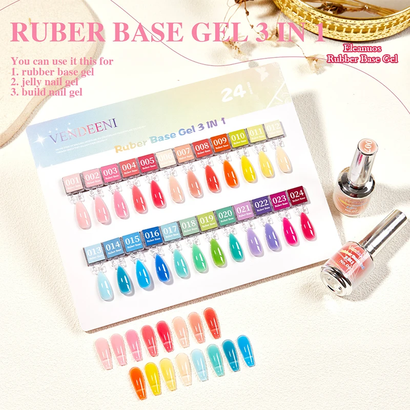 24Pcs Macaron Sheer Translucent Jelly Gel Nail Polish 3 In 1 Rubber Base Gel Soak Off UV LED Long Lasting Build Up Nail Art For