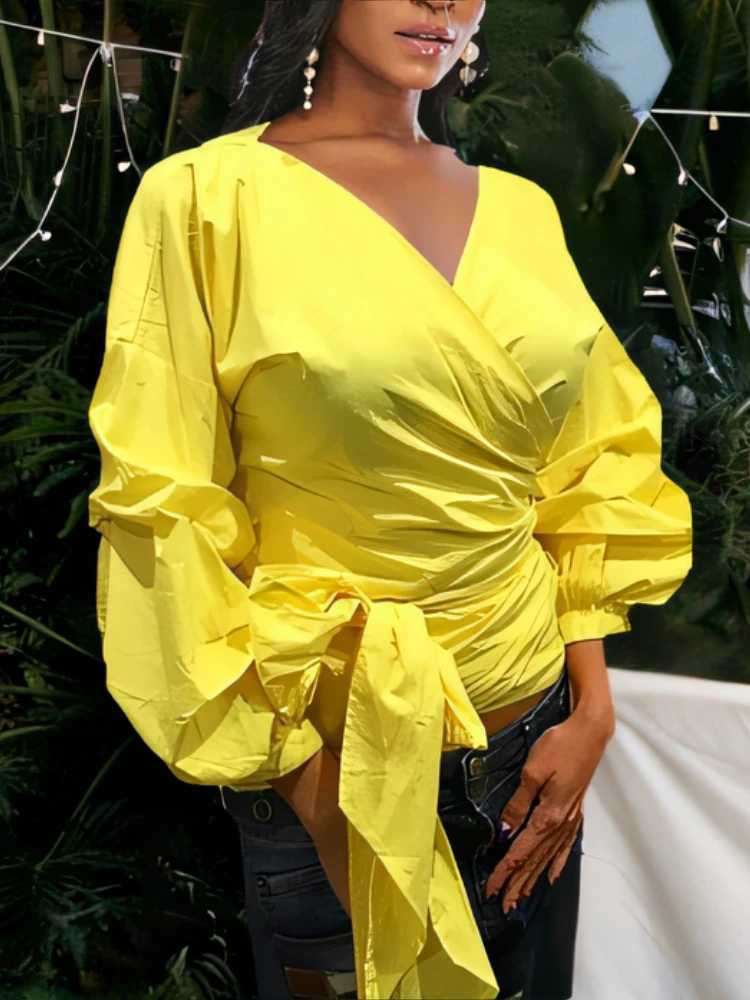 Women Yellow Blouse Peplum Tops with Waist Belt Bowtie Puff Sleeve  V Neck Lady Summer Shirts Female Clothes Blusas African New