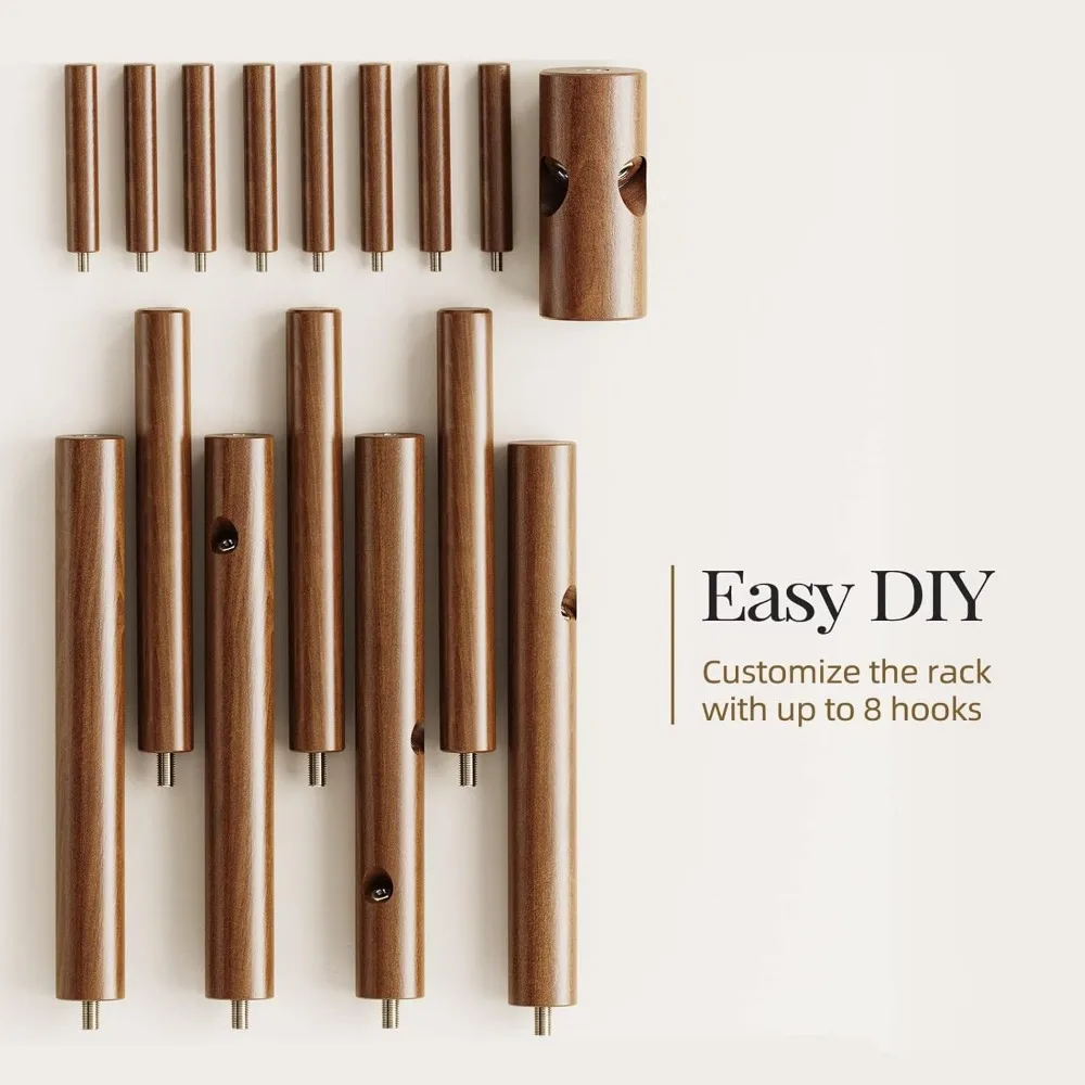 Sturdy Wooden Coat Rack with 8 Hooks and 3 Adjustable Heights for Clothes and Hats in Bedroom Office Entryway