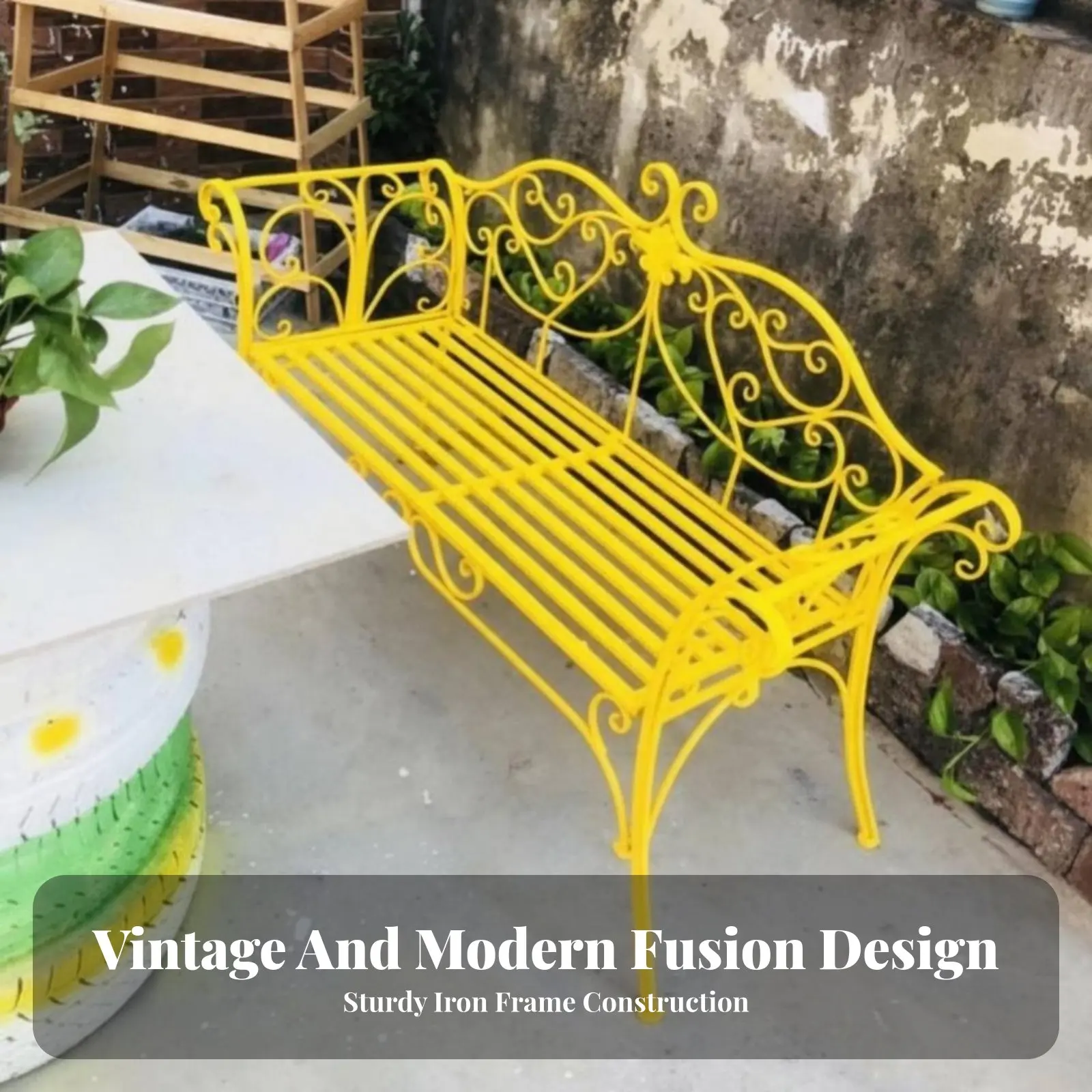 Ornate Metal Two-Seater European Influenced Design Garden Bench Elegant Scrollwork Weather-Withstandant for Gardeners, Sunroom