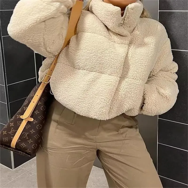 Stand Collar Single Coat Regular Length Street with Composite Construction Zipper Closure Slim Fit Streetwear Autumn for Women