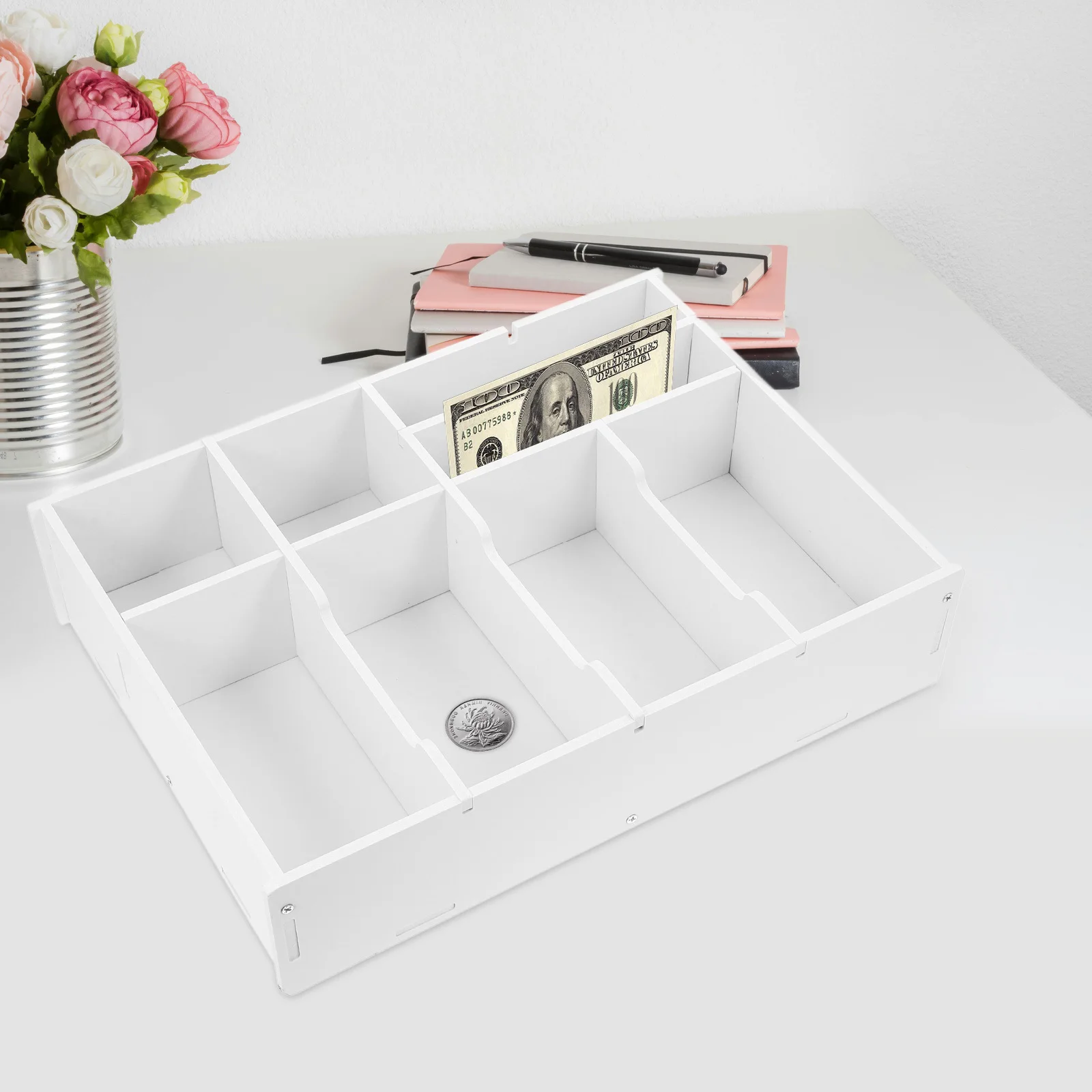 

Desktop Organizer with Horizontal Compartments Wood Plastic Board Storage Box Drawer Organizer for Bedroom Kitchen Bathroom