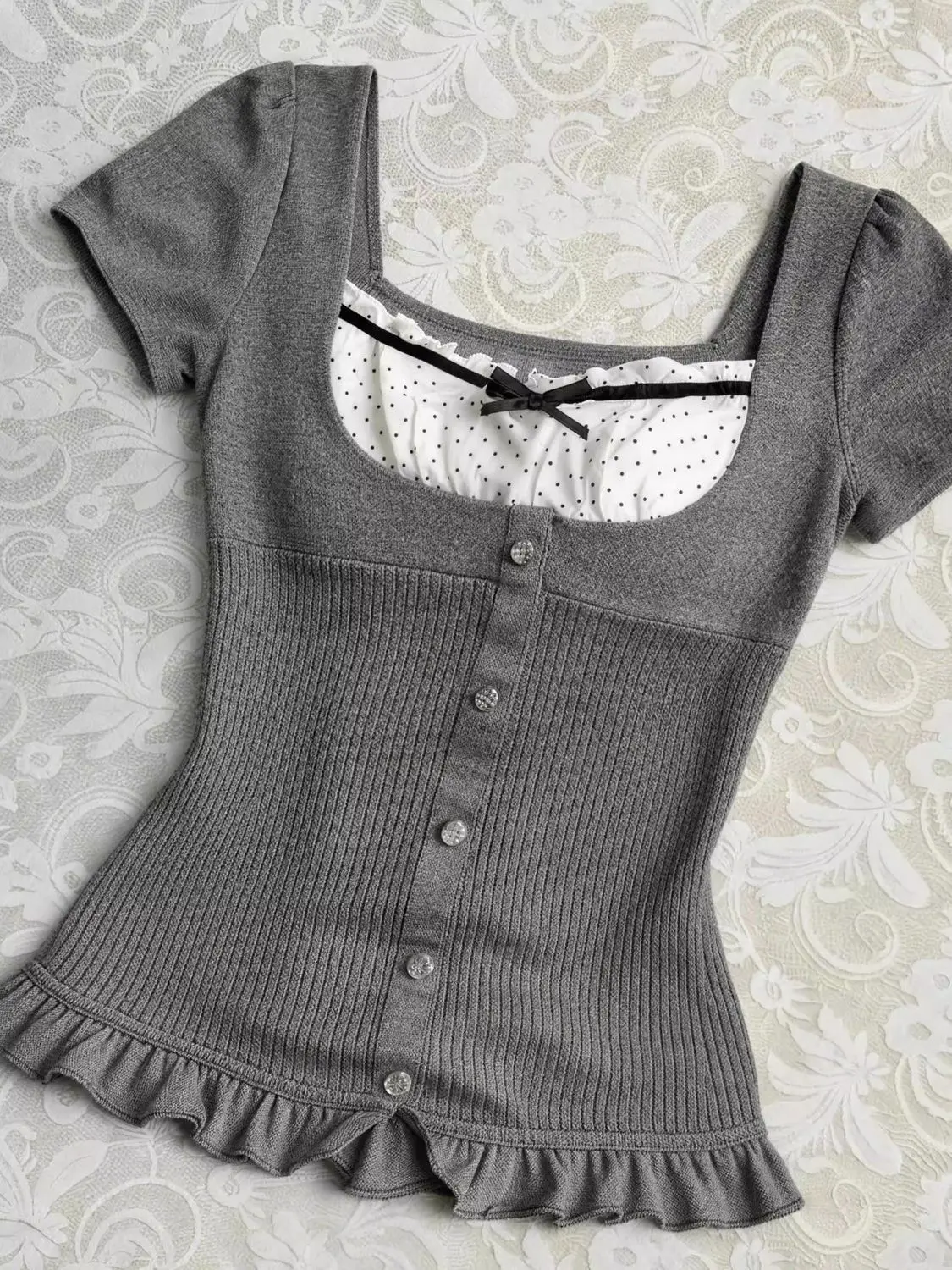 Sweet Point Patchwork Short-Sleeved T-Shirt Women's Tight-Fitting Slimming V-Neck Top Trendy Fashion Y2K Daily Streetwear Punk