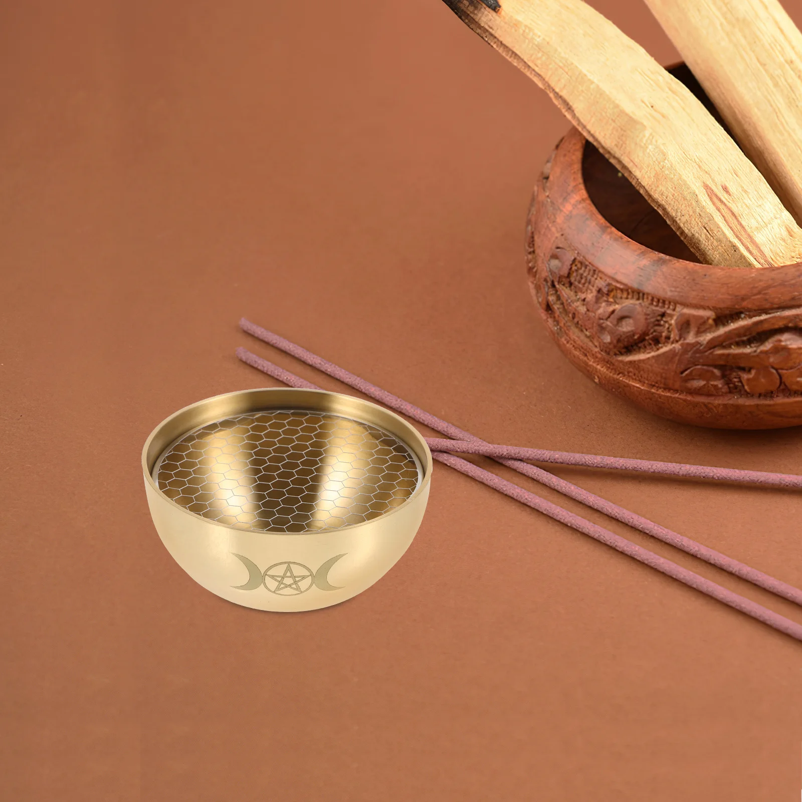 

Ciieeo Brass Bowl Pentagram with Net for Altar Holder Smudge Decor Crystal Water Use