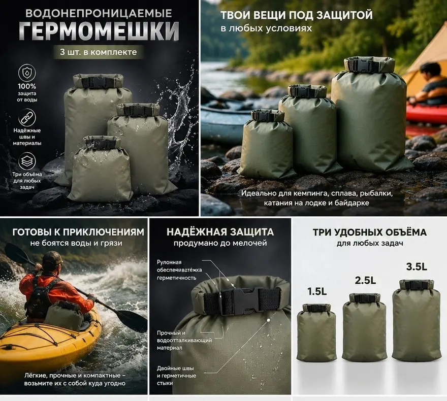 3Pcs Waterproof Dry Bag Set 1.5L2.5L3.5L Outdoor Storage Compression Pouch for Boating Kayaking Camping Fishing