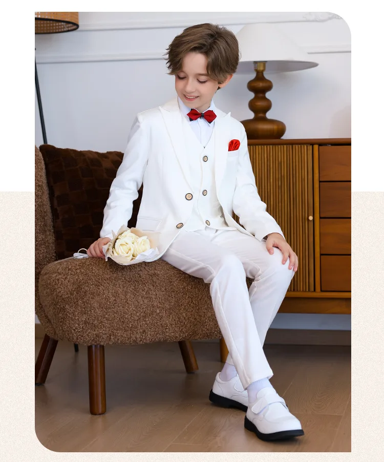 

Boys Formal Jacket Vest Pants Bowtie+Pocket Cloth 5pcs Wedding Birthday Party Dress Kids Blue Piano Host Performance Costume