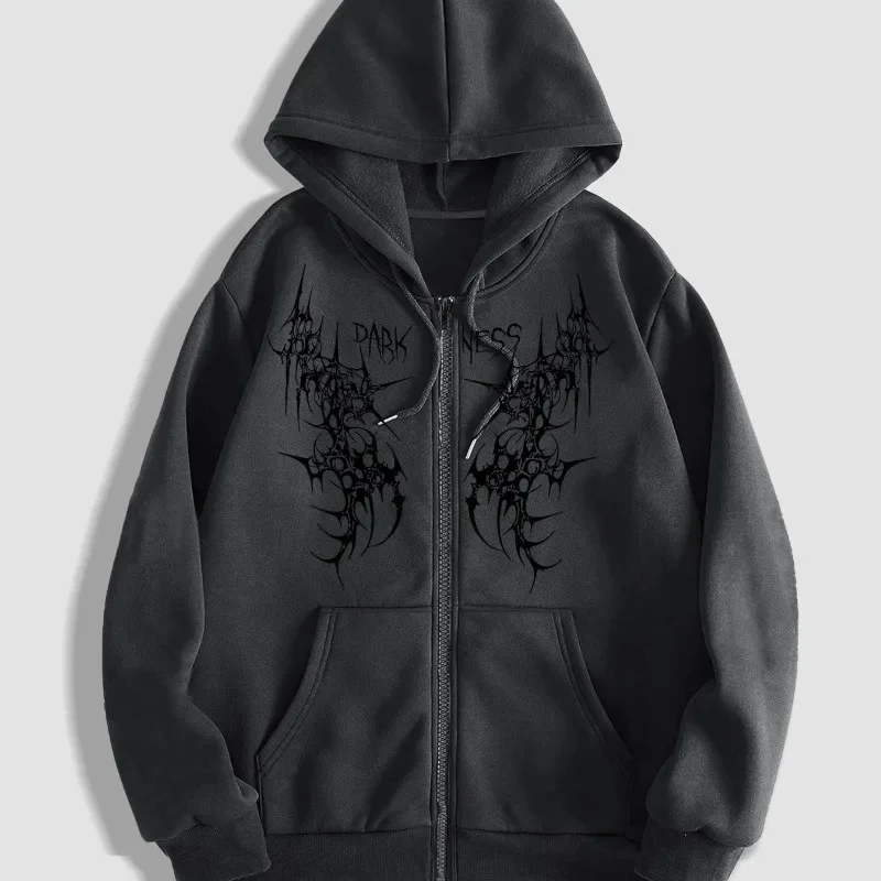 Autumn and Winter Men's Gothic Dark Pattern Zipper Hoodie New Casual Jacket Retro Street Top Suitable for Both Men and Women