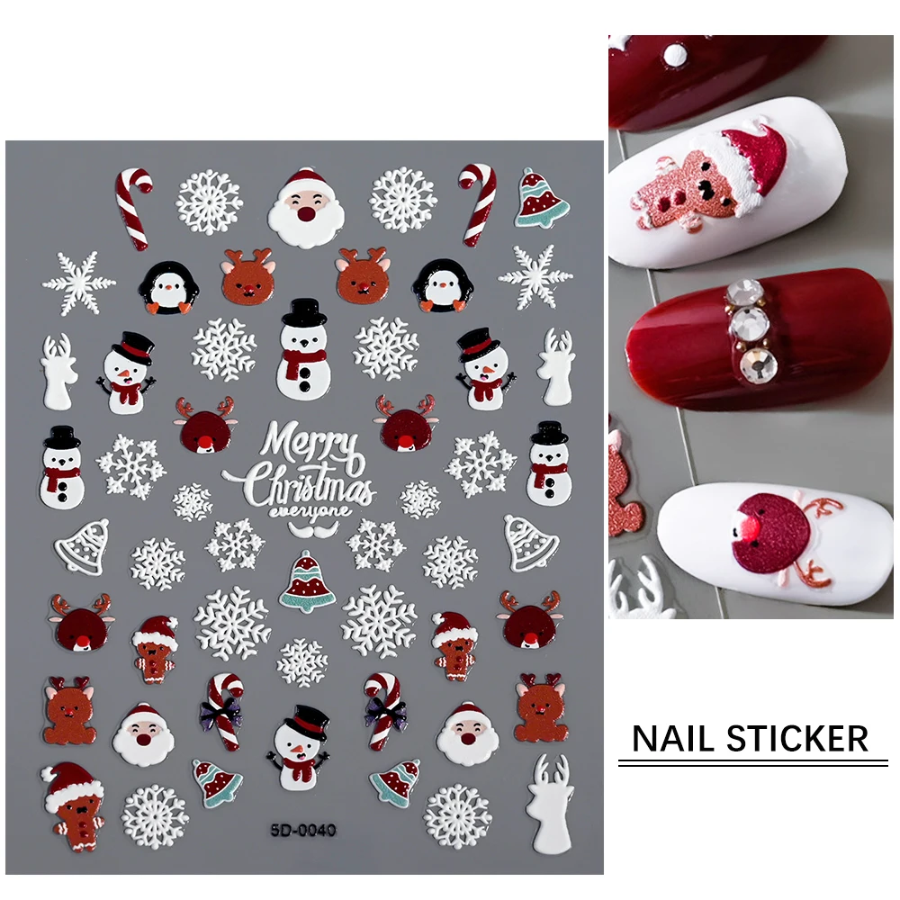 5D 입체 크리스마스 진저브레드맨 네일 스티커 크리스마스 레드 벨 리본 사탕 쿠키 네일 데칼 셀프 접착 네일 장식