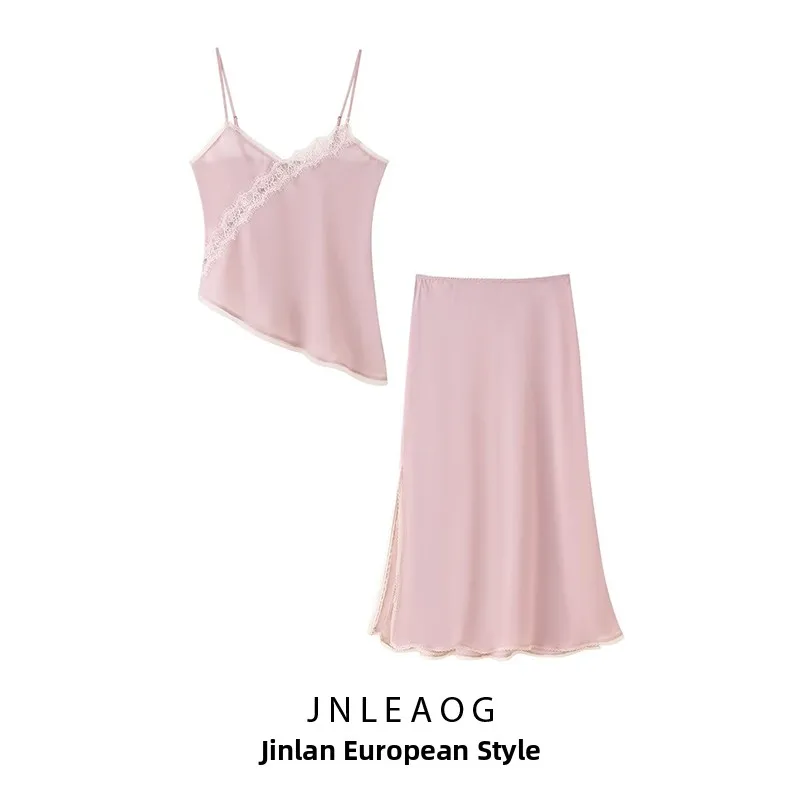 

JNLEAOG Autumn New Women's Lace Trimmed Bell Sleeve Top And Midi Skirt Set Fashionable Splicing Design Comfortable Polyester ...