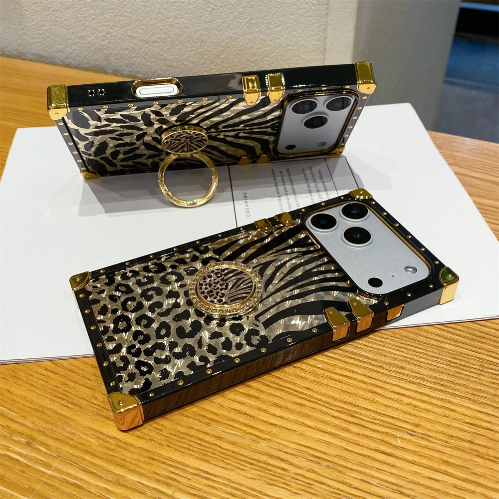 Luxury Leopard Gold Plating Case for iPhone 17 Pro Max/16/15/14/13/12/11/XR/8 Plus Glitter Diamond Ring Stand Cover Funda 17