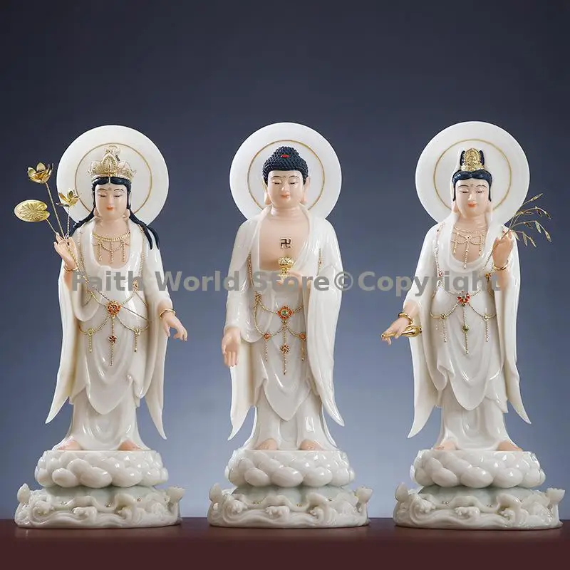 

XI FANG SAN SHENG a set 3PCS High grade white jade gods buddha statue Amitabha guanyin Mahasthamaprapta bodhisattva home Offer