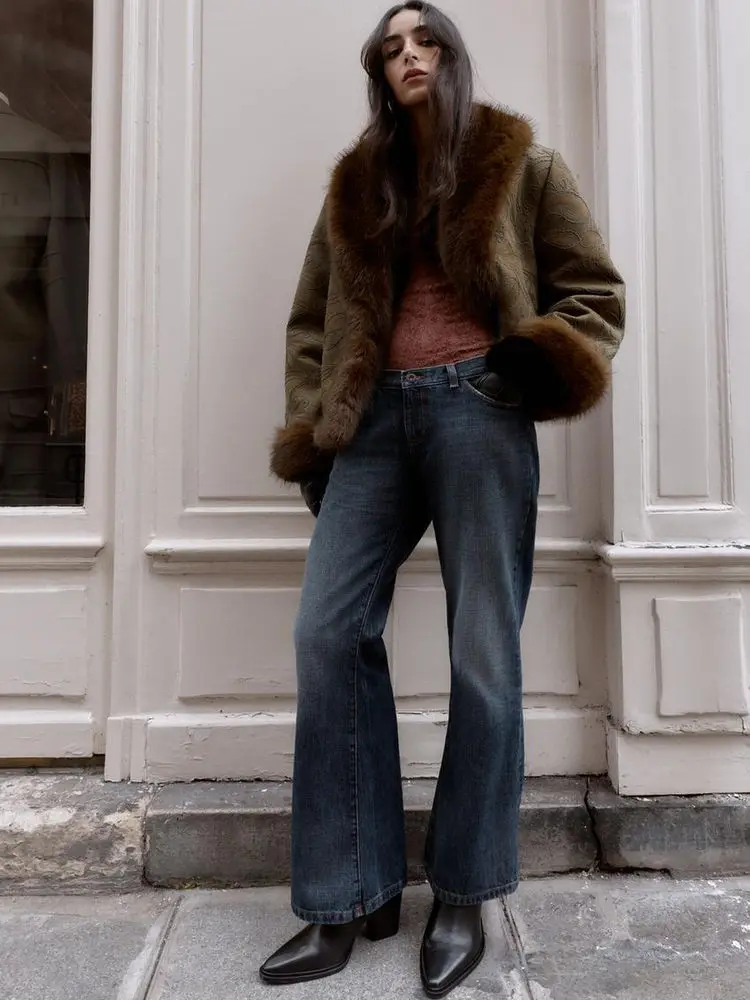 

Spring 2026 Women's Double-Sided Embroidered Loose Fur Jaet Thiened Casual Sle Stand Fit Warm ort Coat Button Closure