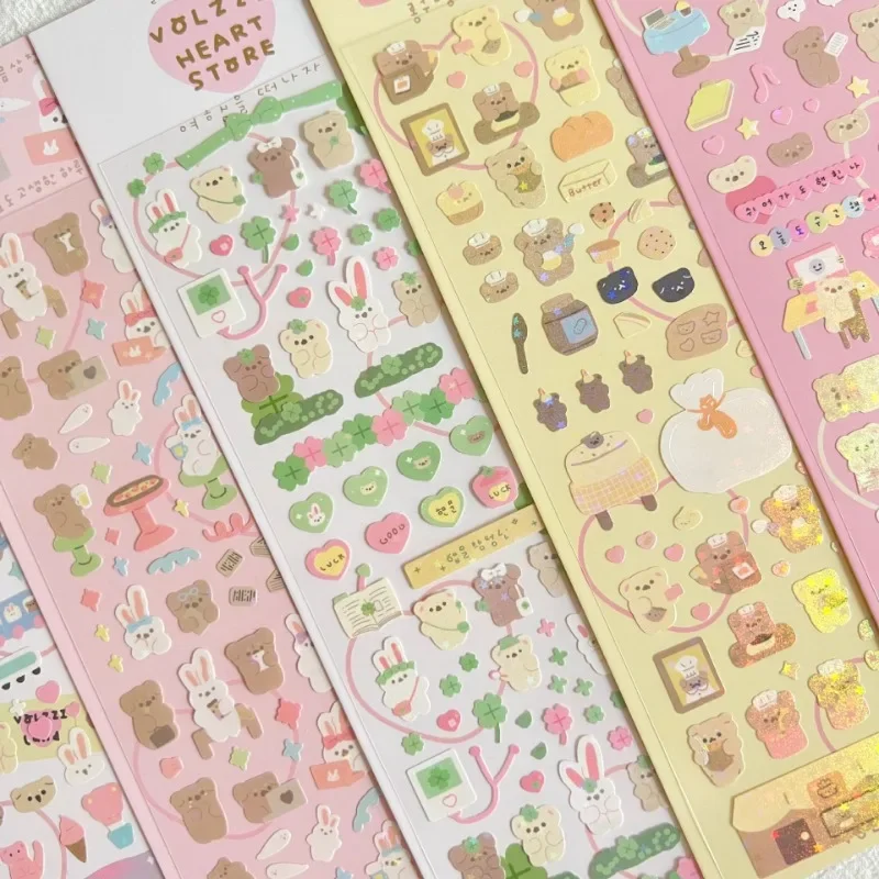 Pegatinas coreanas Kawaii de oso y conejo con borde plateado, pegatinas de juguetes clásicos DIY, decoración para niños, papelería de trébol de la suerte