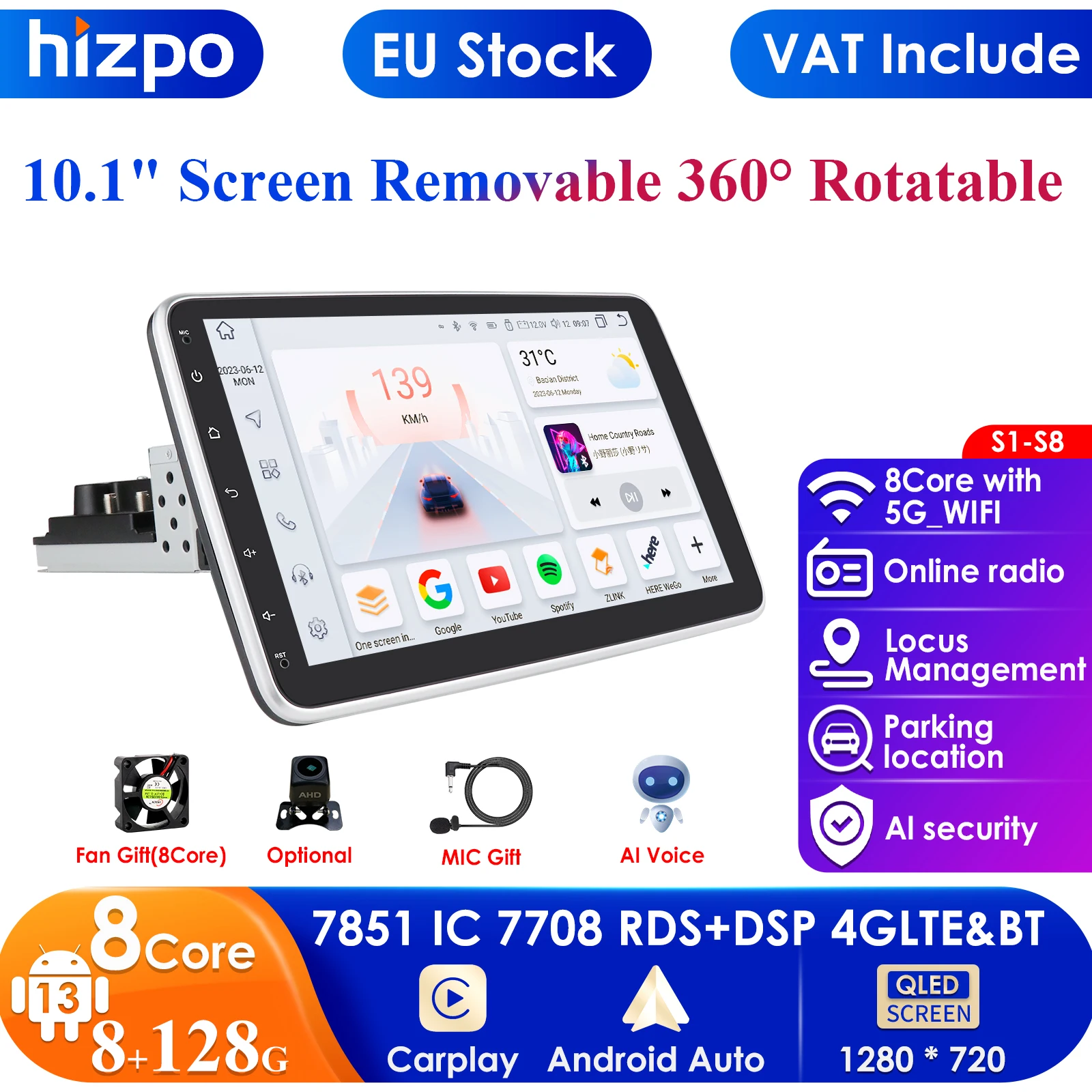 4G 1 Din 10.1inch Android 12 Car Multimedia Player 360 Rotatable Touch Screen Removable 1din Carplay Auto Radio GPS Navigation