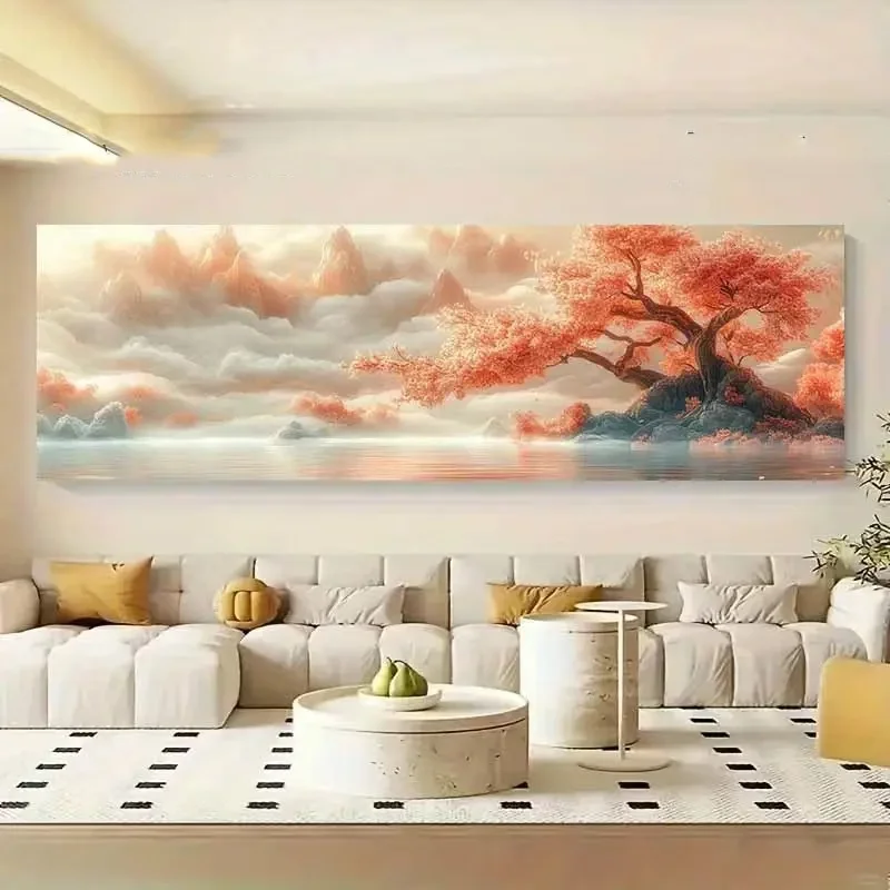 Red-pink Cherry Blossoms,Fog Mountain 5D Diy Diamond Art Full Square Round Jewelry Cross Stitch Mosaic Large Diamond Painting - Detail 1