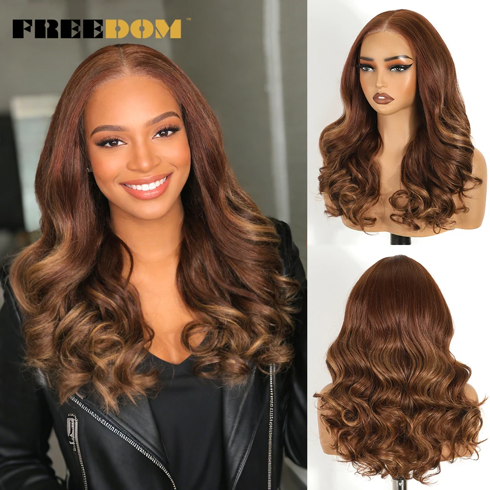

Синтетические парики с кружевной передней частью FREEDOM для чернокожих женщин, 9x6, предварительно прорезанные, 20 дюймов, с эффектом Body Wave, предварительно нарезанные, омбре, коричнево-русые.