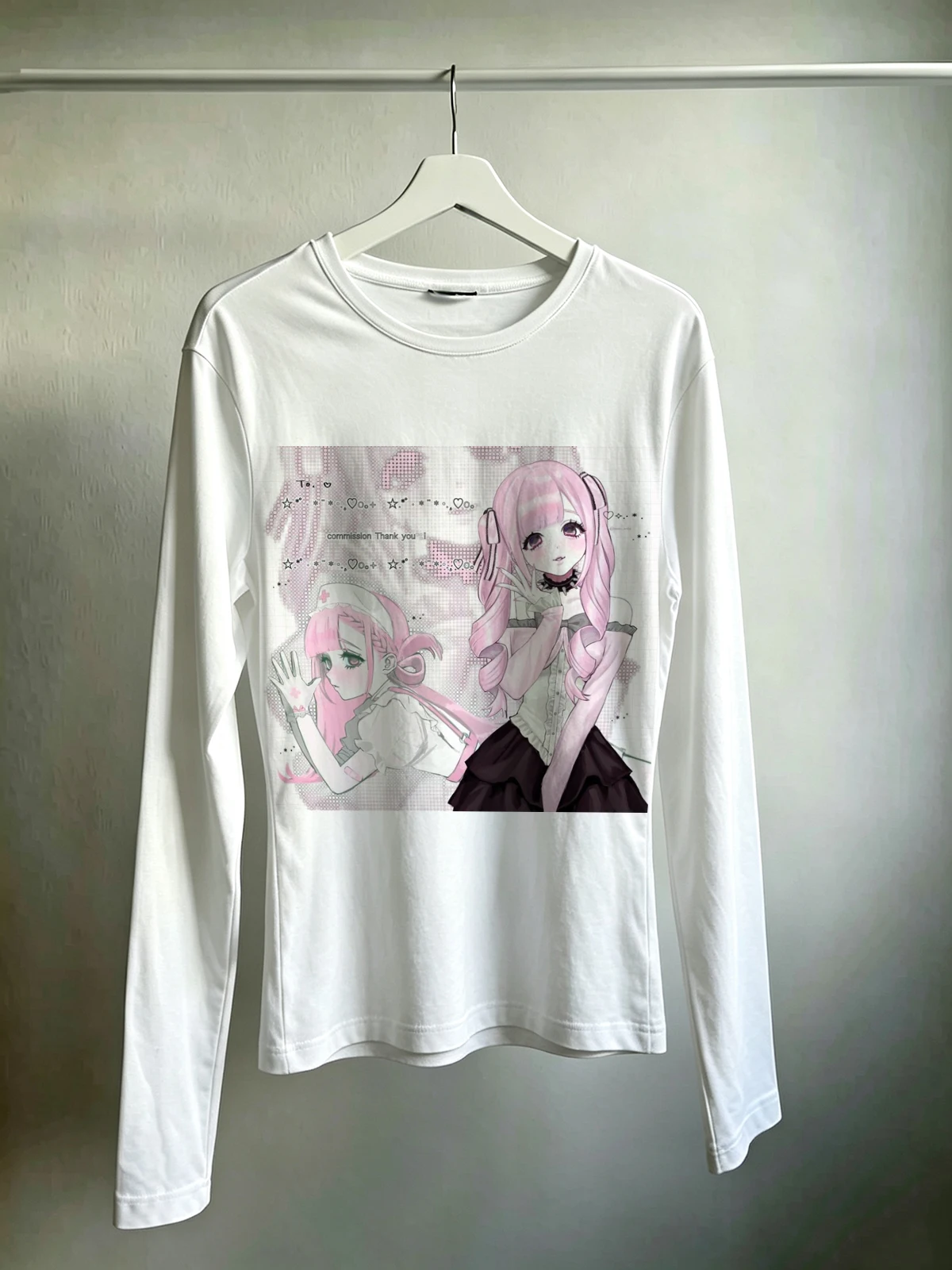 Y2K Gothic Twin Pink Hair Anime Nurse Girl Print Women Long Sleeve T-Shirt Slim Crew Neck Manga Graphic Fitted Streetwear Top
