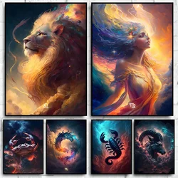 Twelve Constellations Libra Aries Lion Abstract Zodiac Signs Canvas Print Poster Wall Art Living Room Home Room Decor Gifts