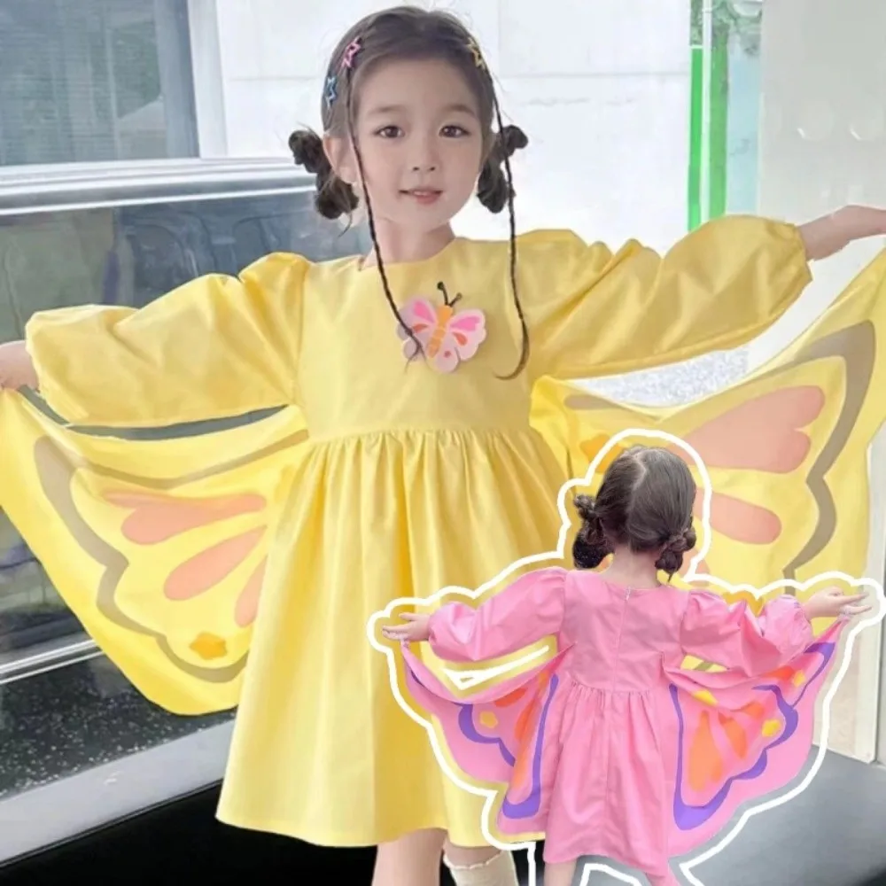 Fashion Long Sleeve Butterfly Wings Dress Cute Creative Princess Dress Polyster Sweet Girls Dress Children