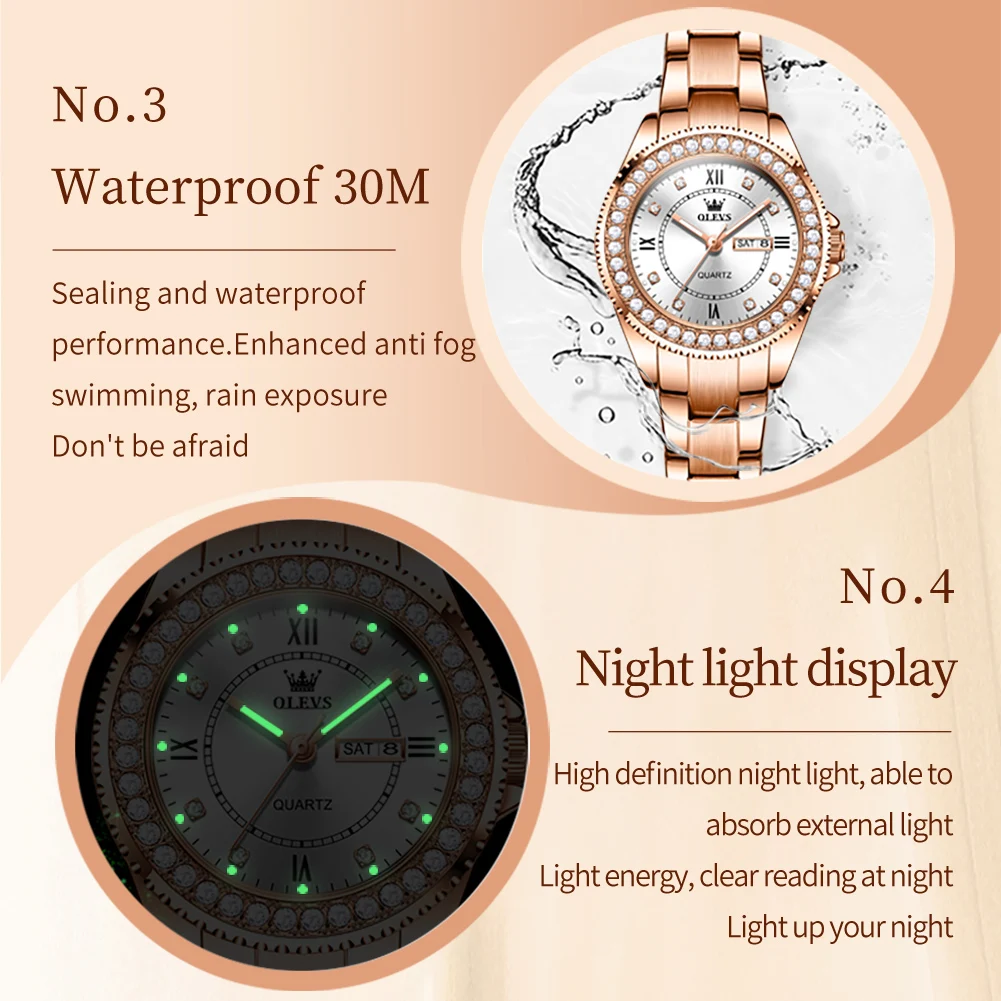 OLEVS Top Original Diamond Quartz Watch for Women Stainless Steel Waterproof Luminous Dual Calendar Luxury Women\'s Wristwatches