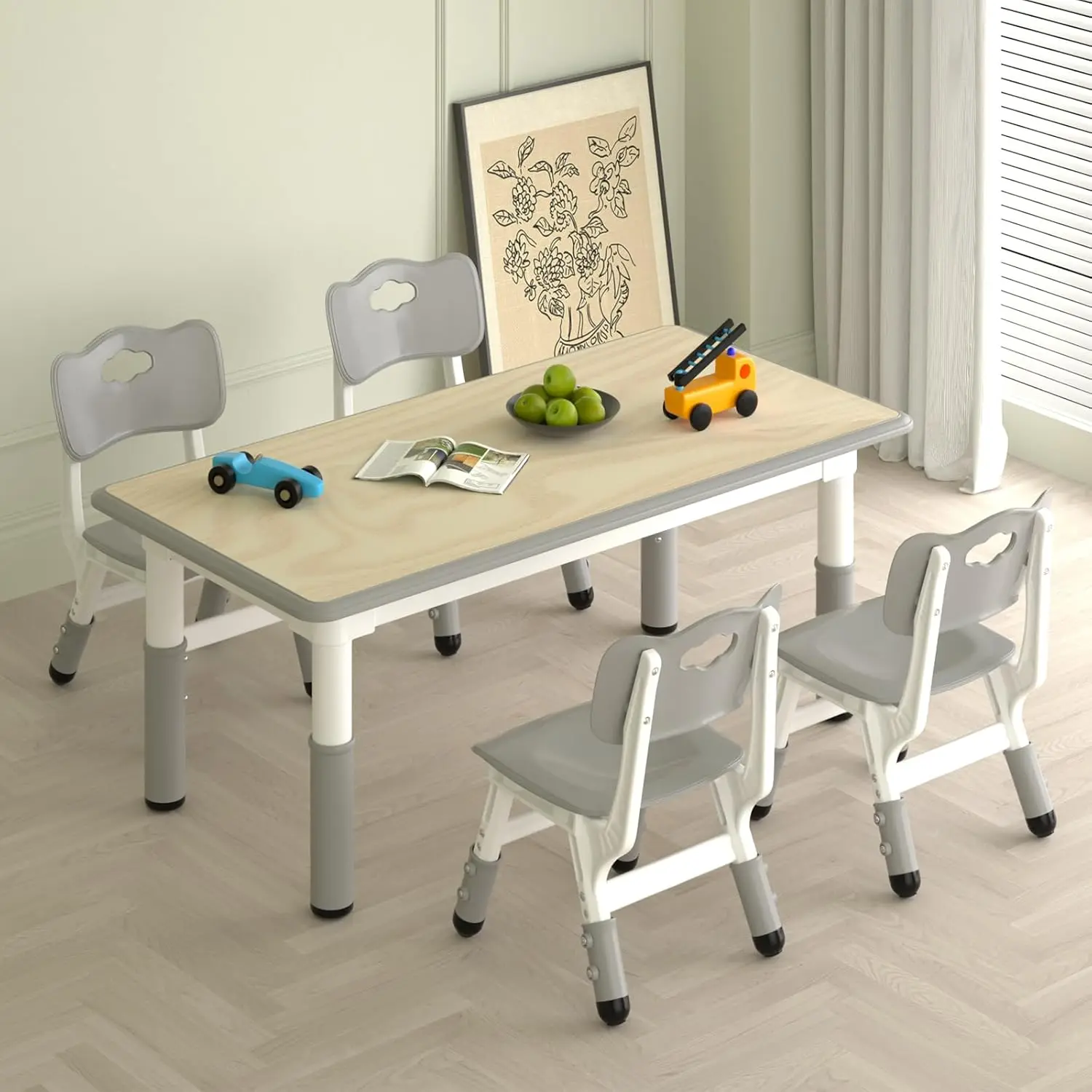 

Kids Study Table and 4 Chairs Set,Height Adjustable Table and Chairs for Children and Toddlers,47.2"X23.6"Graffiti Desktop,Hot