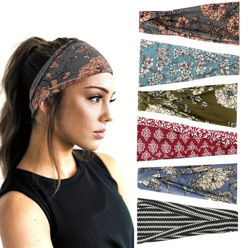 

European and American women's wide-edge yoga sports print headband Bohemian sweat-absorbing elastic headband