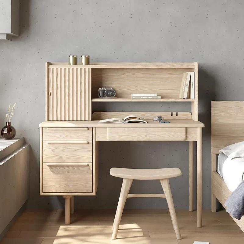 Ash wood all solid wood desk bookshelf integrated study workbench, makeup storage Japanese log writing computer desk