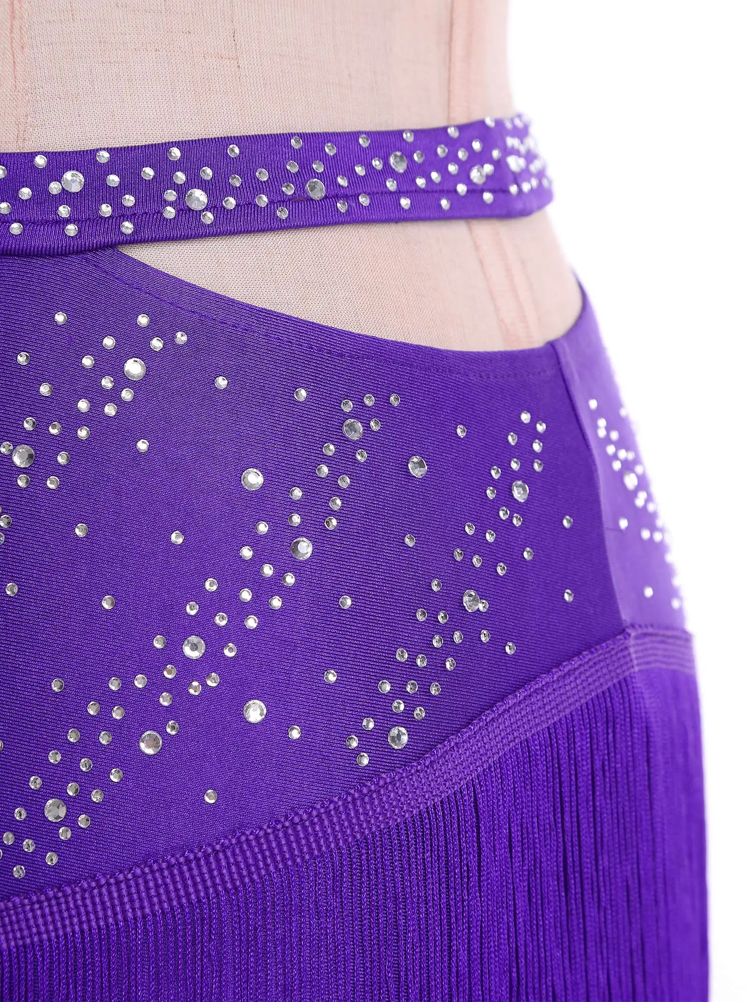 Damska spódnica do tańca latynoamerykańskiego Salsa Cha-Cha z wycięciami, elastycznym pasem, błyszczącymi dżetami i frędzlami, strój do tańca towarzyskiego.