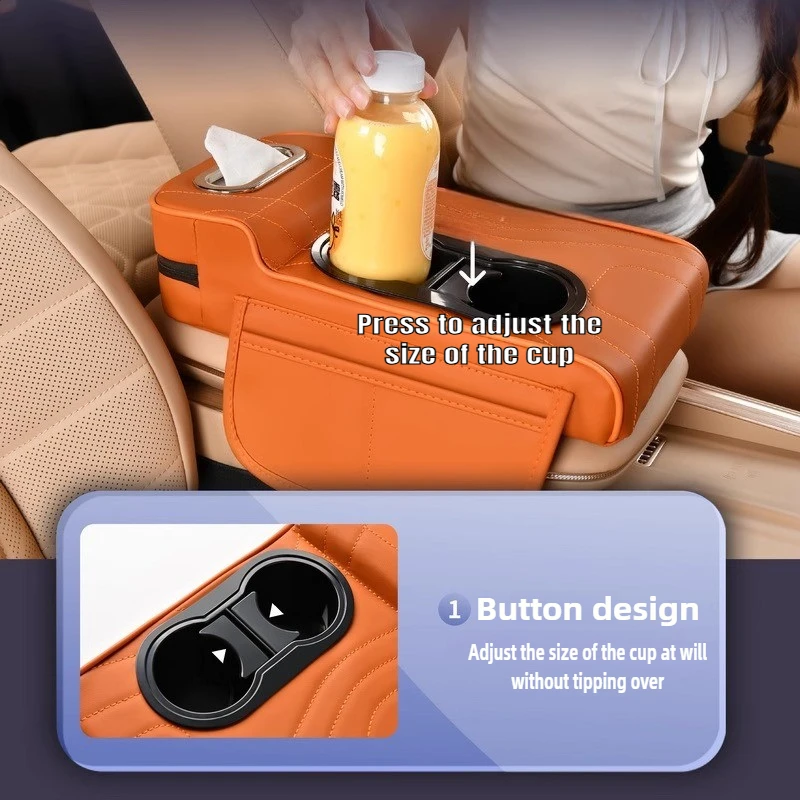 Car Armrest Pillow Height Adjuster Leather Console Cover with Cup Holder Tissue Box&Storage Pockets All-in-1 Car Organizer Pad