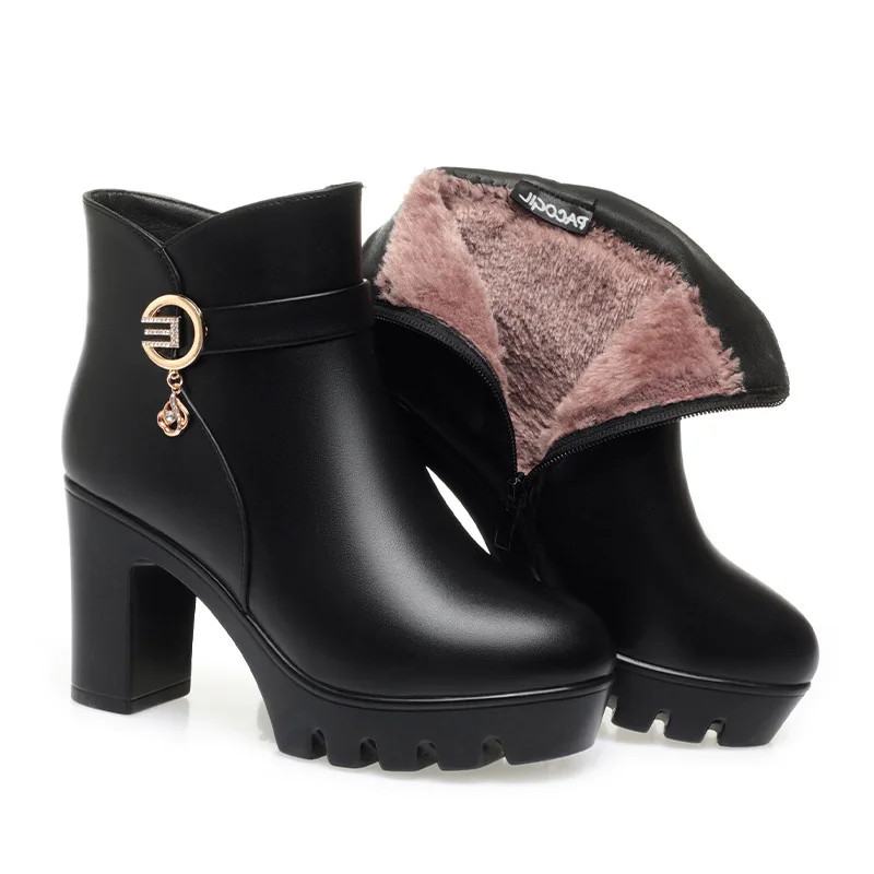 Women's Ladies Mother Famale Winter Ankle Boots PU Leather Fur Warm Plush Shoes Fashion Zip Platform High Heel Women Short Boots