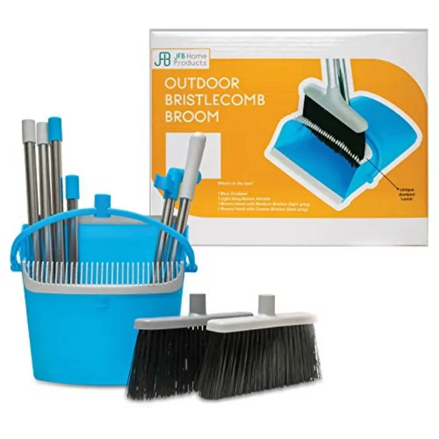

BristleComb Outdoor Broom and Dustpan Set Upright, 49" Long Adjustable Broom, Long Handle, Self-Cleaning Comb and 2 Interchange