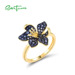 SANTUZZA Real 925 Sterling Silver Rings For Women Sparkling Blue Spinel Luminous Flower Trendy Wedding Bride Gifts Fine Jewelry