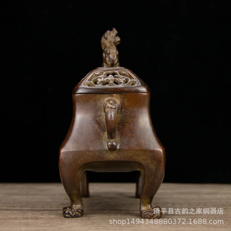 Pure Copper Skillful Lion Cover Square Incense Burner Ornament for Office Living Room Shop Study Desktop Decoration