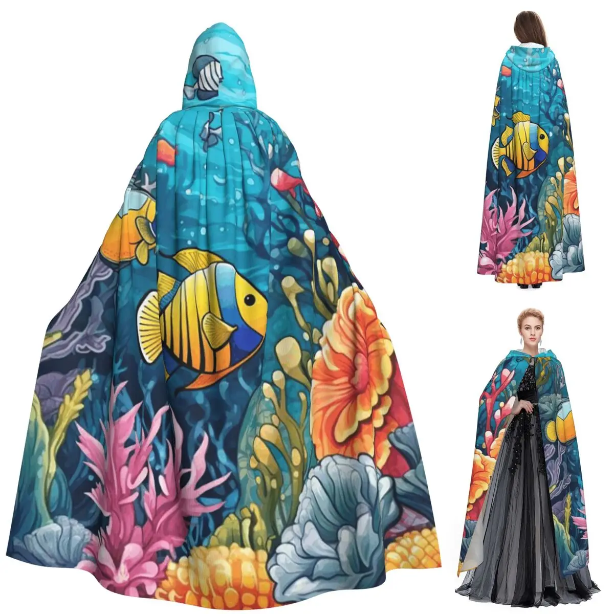 Capa larga con capucha de arrefes de Coral subacuáticos, disfraz Medieval de bruja, capa de Cosplay, fiesta de Halloween, adulto, Unisex