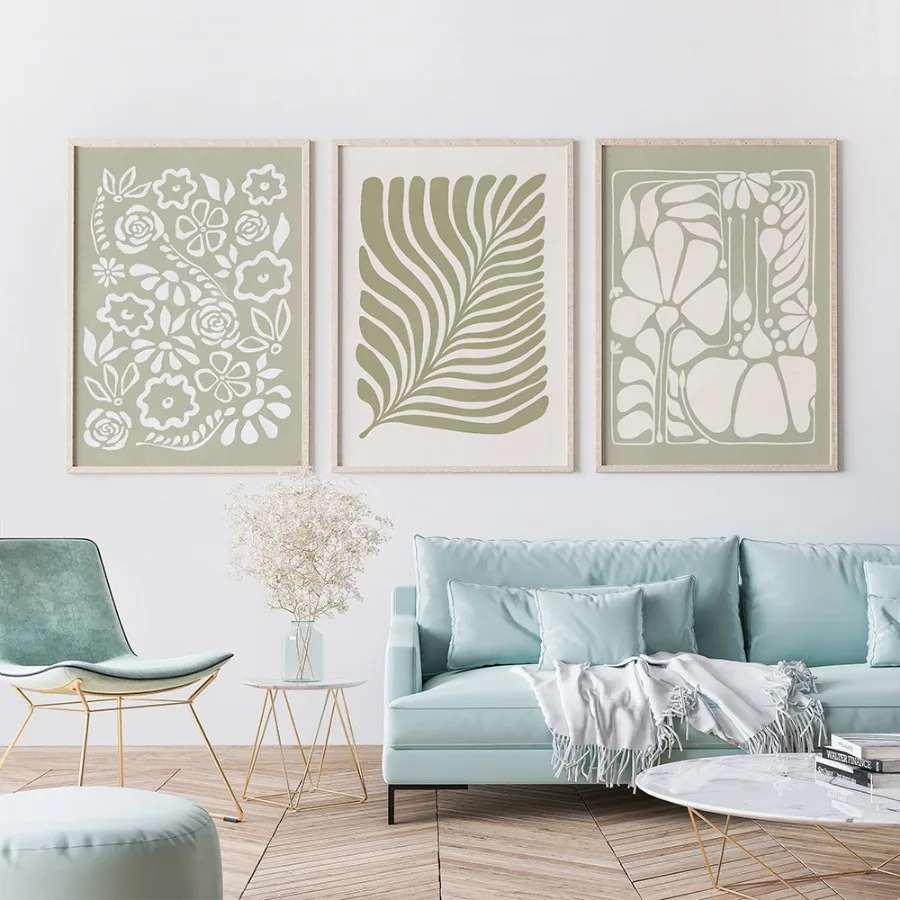 مجردة بوهو جدار الفن قماش ، الشمال الملصقات ، يطبع ، صورة لغرفة المعيشة ديكور ، الأخضر ورقة والزهور ، مقوس الهندسة #4