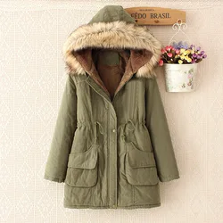 2024 Autumn Winter Plush Parkas Womens Long Warm Cotton Coat Fur Collar Hooded Jacket Female Thicken Warm Padded Overcoat Zipper