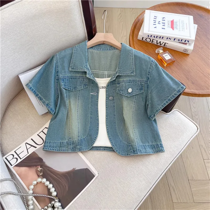 

Summer Vintage Washed Light Blue Slim Thin Short Denim Coat Women Turndown Collar Single-Breasted Short Sleeve Cowboy Outerwear