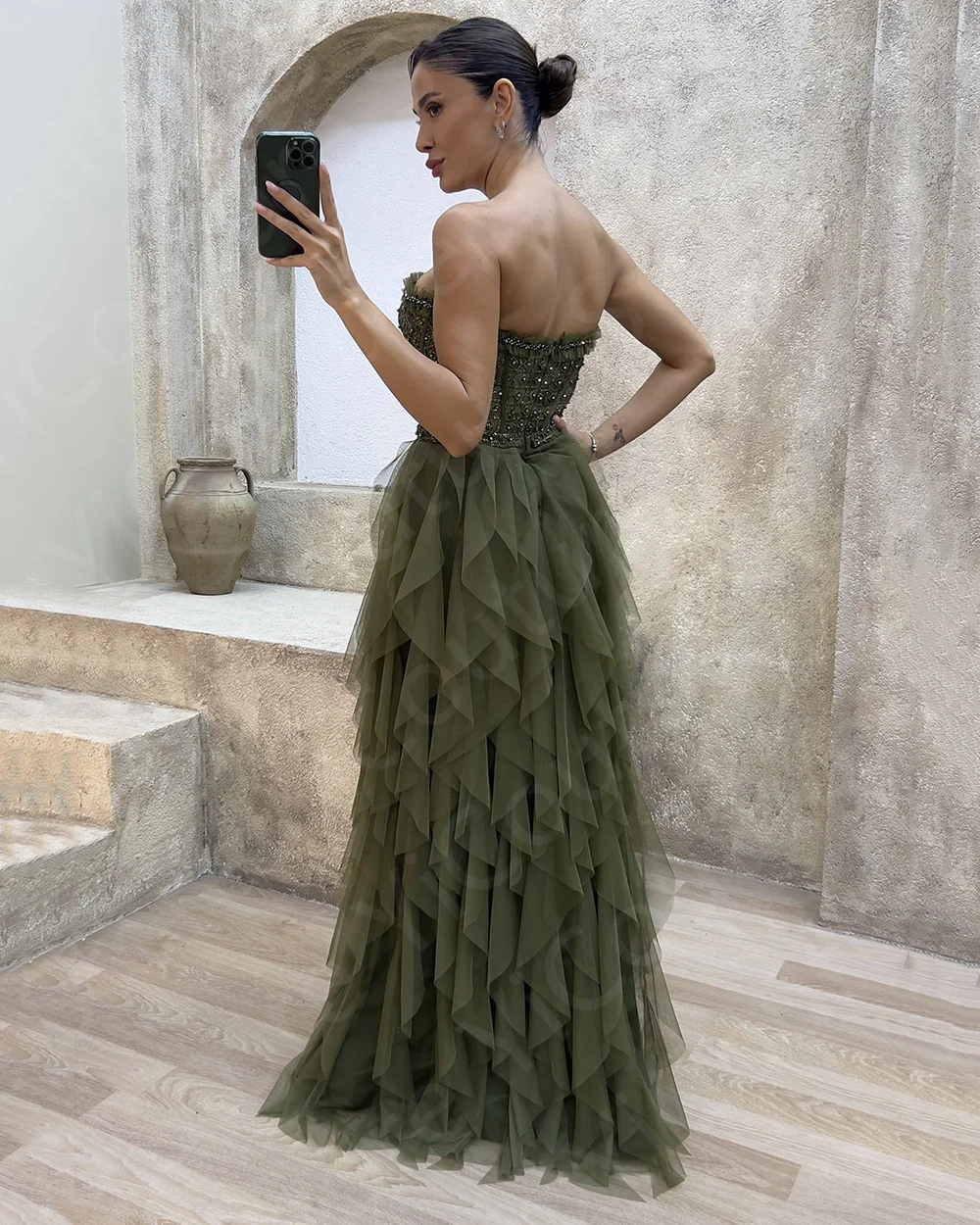 Charming Dark Green Evening Dresses 2024 Tiered Ruffles Skirt Prom Gowns Sweetheart Beading Wedding Party Dresses Back Out