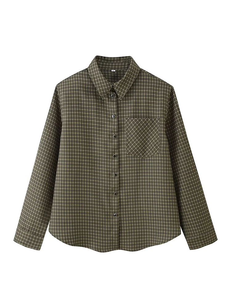 

European-style new women's fashion, versatile, elegant, casual, loose-fitting padded shoulder long-sleeved plaid shirt