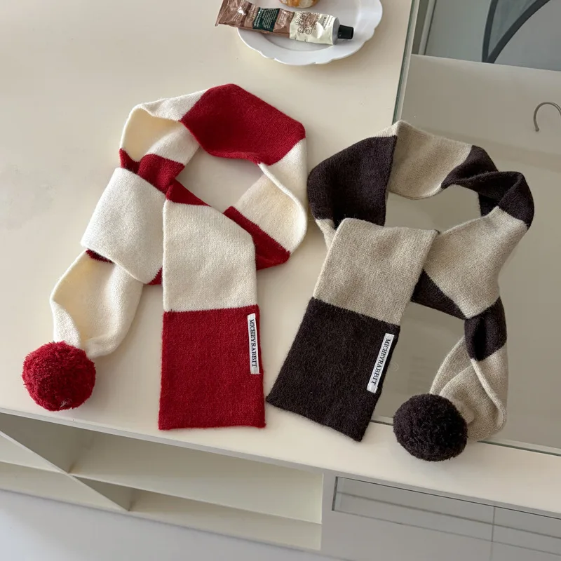 Color Matching Hairball Knitted Scarf Autumn and Winter Fashionable Single Ball Versatile Warm Wool Knitted Small Scarf Scarf