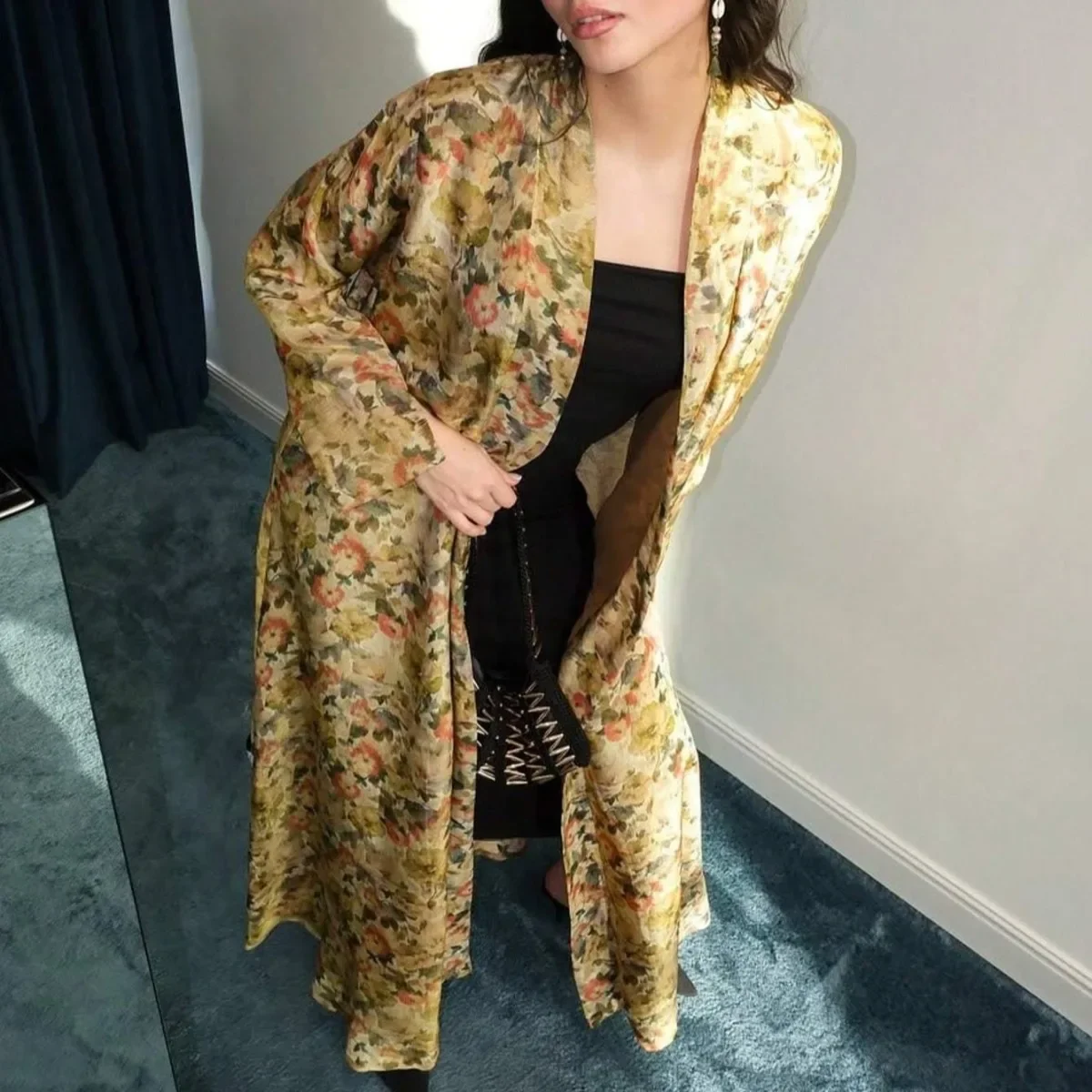 

Women Printed Floral Abaya Muslim Full Sleeve Loose Open Front Abayas Elegant Kaftan Middle Eastern Jilbabs Arabian Maxi Dresses