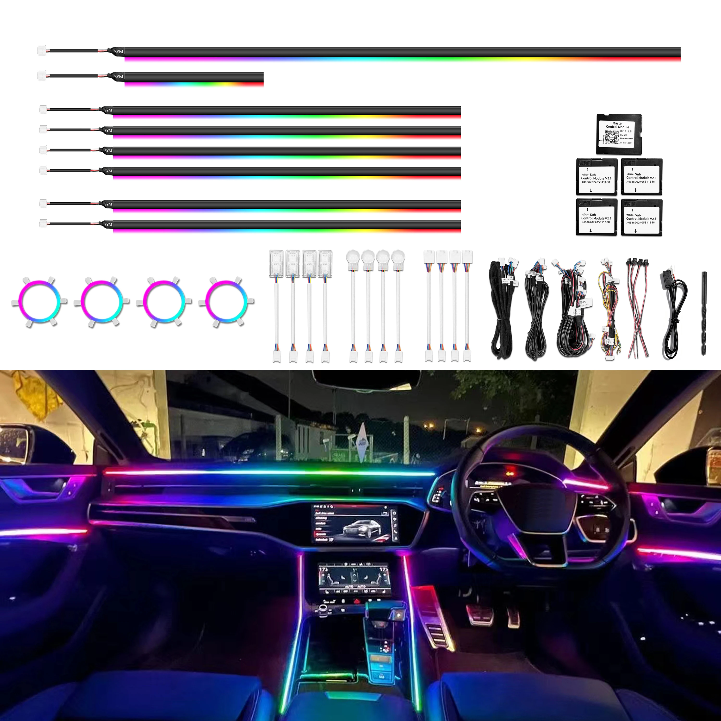 C2 Car Interior Light Universal Symphony Dynamic RGB Colors Dashboard Light Center Console Fiber Strips Atmosphere Lighting