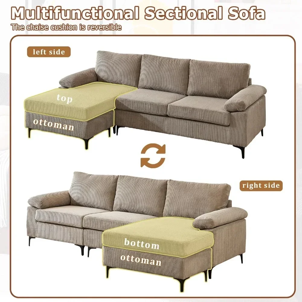 

Living Room Sofas,Couch Modern 3-Seat Corduroy Fabric with Reversible Chaise for Living Room,Living Room Sofas,Camel