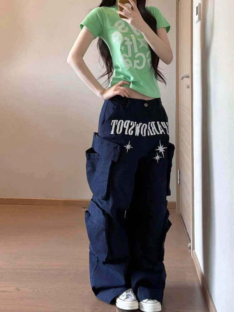 Sweet Cool Spicy American Style Letter Print Workwear Jeans Women Summer Design Loose Straight Leg Wide Leg Long Pants