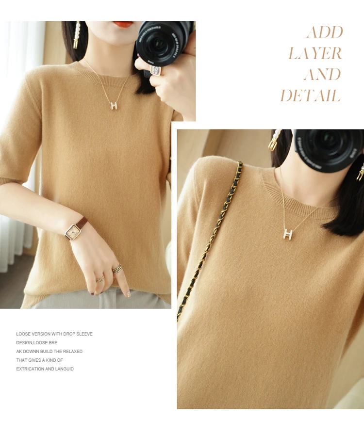 Spring 2022 New Women's O-Neck Short-Sleeved Exquisite Cashmere Sweater Pullover