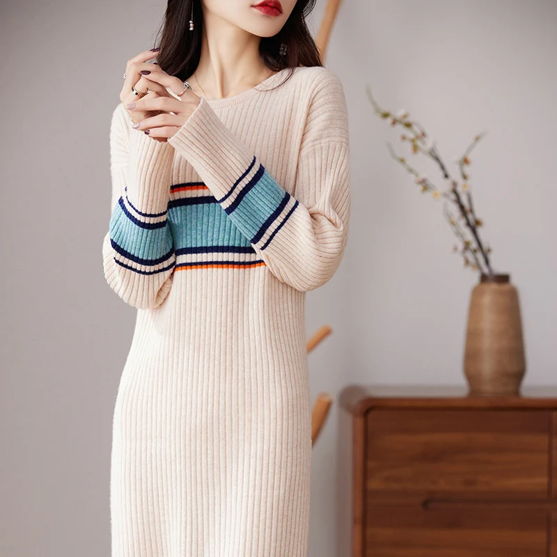 BELIARST 100% Merino Wool Sweater Women\'s Clothes Round Neck Color Contrast Striped Long Skirt Woolen Dress Knit Pullover M-8153