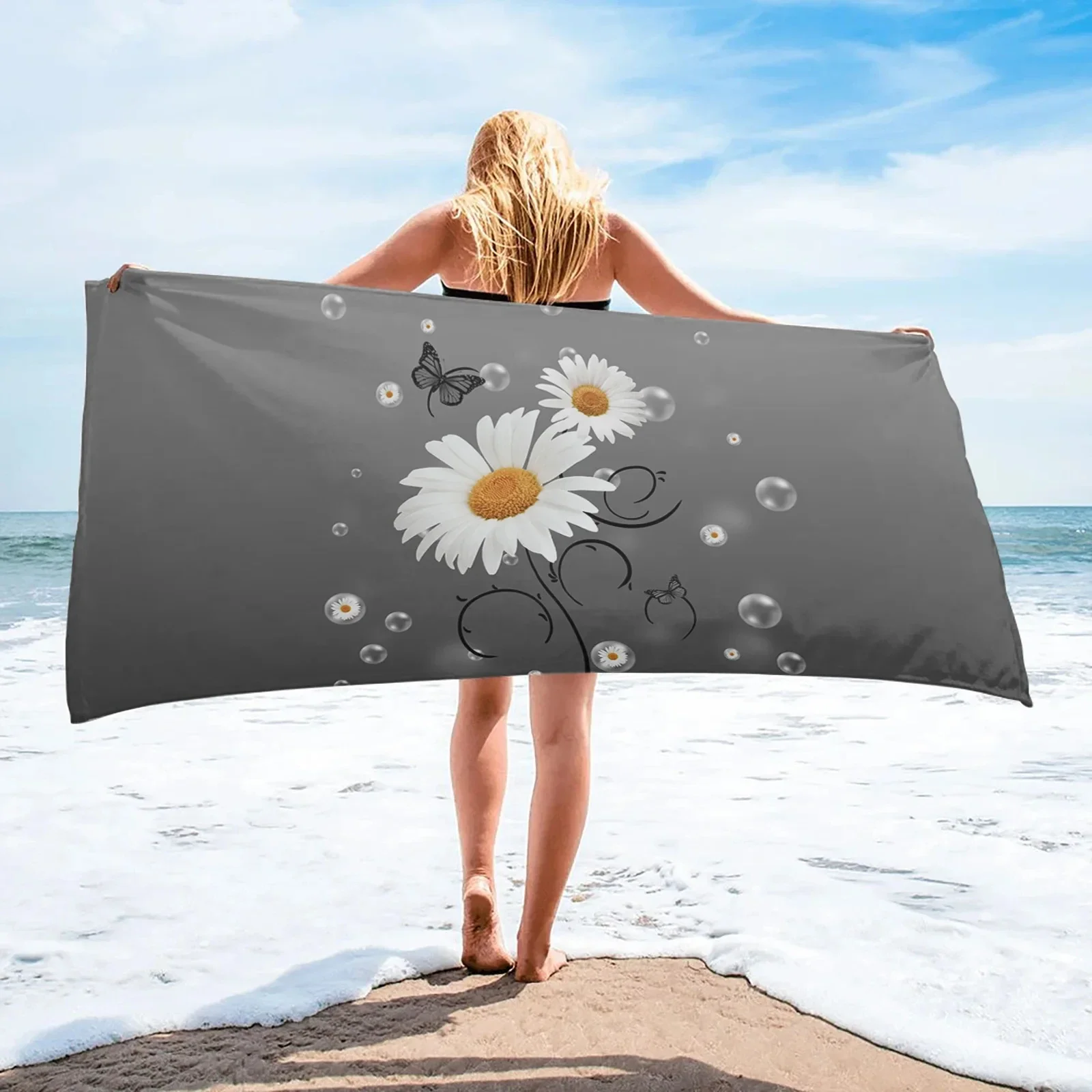 Daisy Beach Towel Soft Wood Grain Spring Botanical Flowers Bath Towel for Swimming Sport Spa Yoga Quick-dry Kitchen Hand Towels